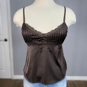 Edikted Blanca Satin Effect Lace Trim Tank Top, Brown, XS